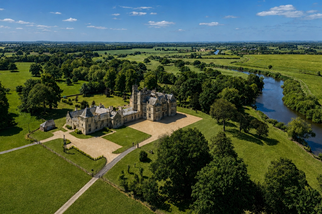 Aerial view of Moreby Hall, its parkland and the River Ouse