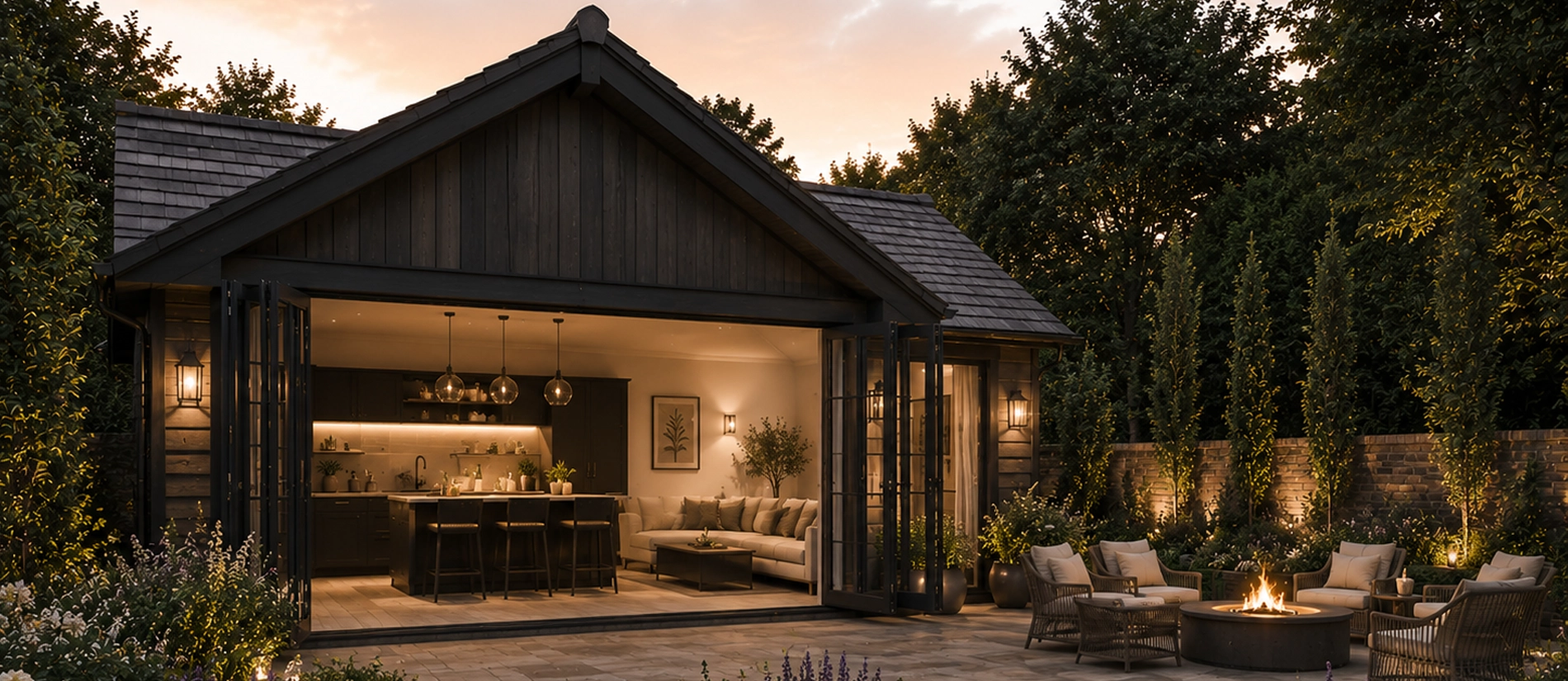 Private garden pavilion illuminated at dusk
