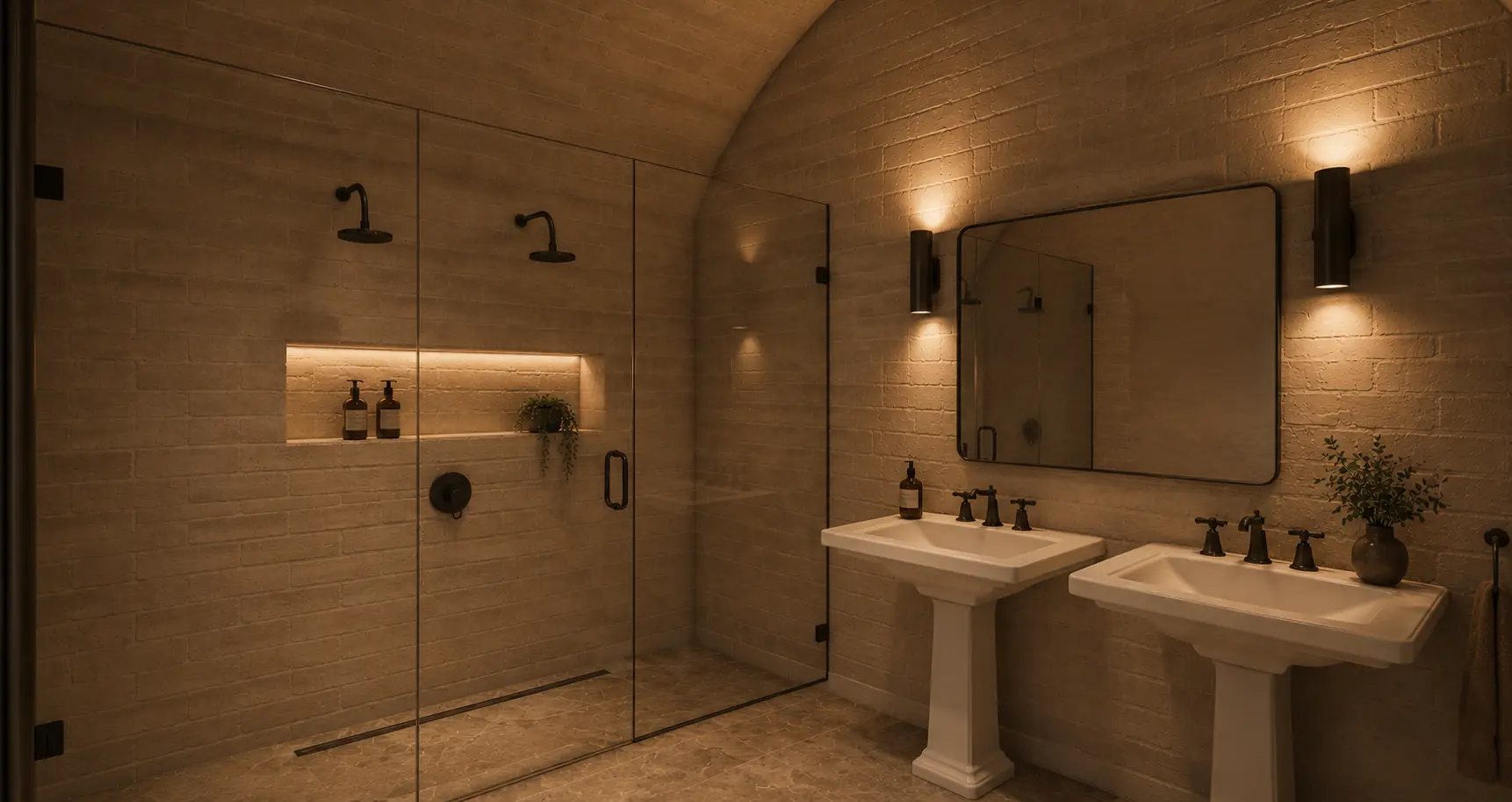 Guest ensuite I with twin basins and a double walk-in shower