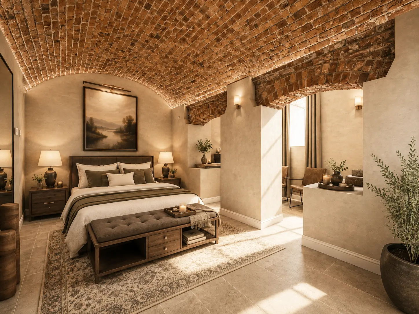 Guest suite II beneath a vaulted brick ceiling
