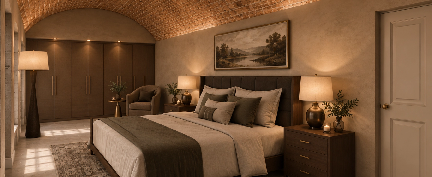 Guest suite with a vaulted brick ceiling and soft neutral palette
