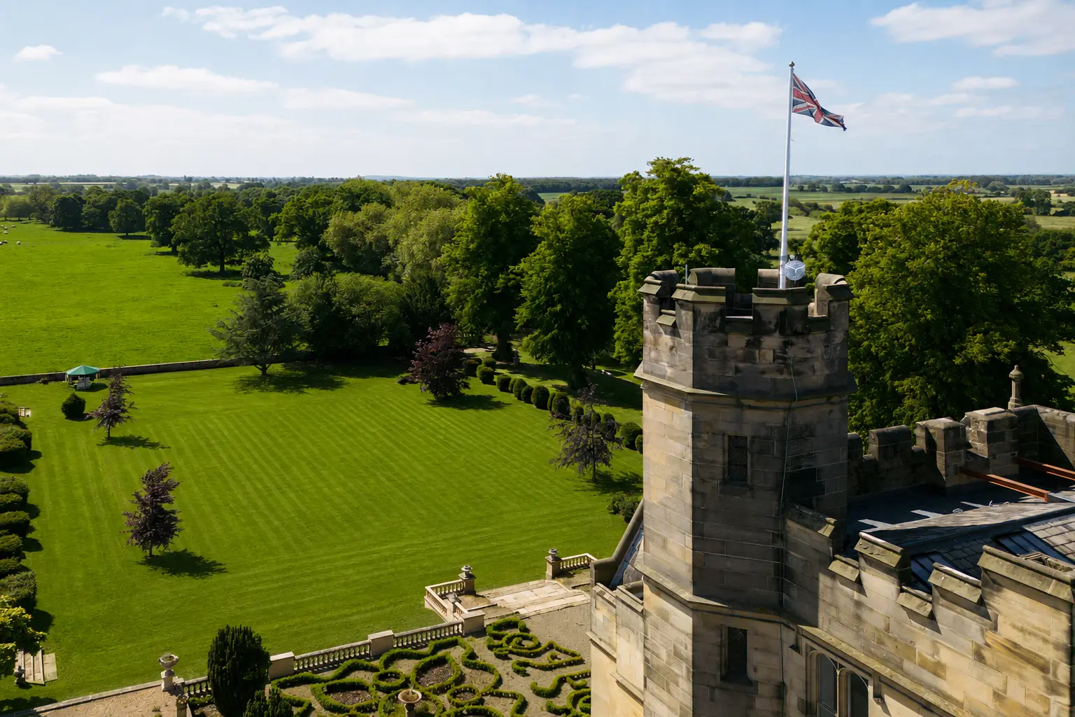 View from Moreby Hall tower across the formal gardens