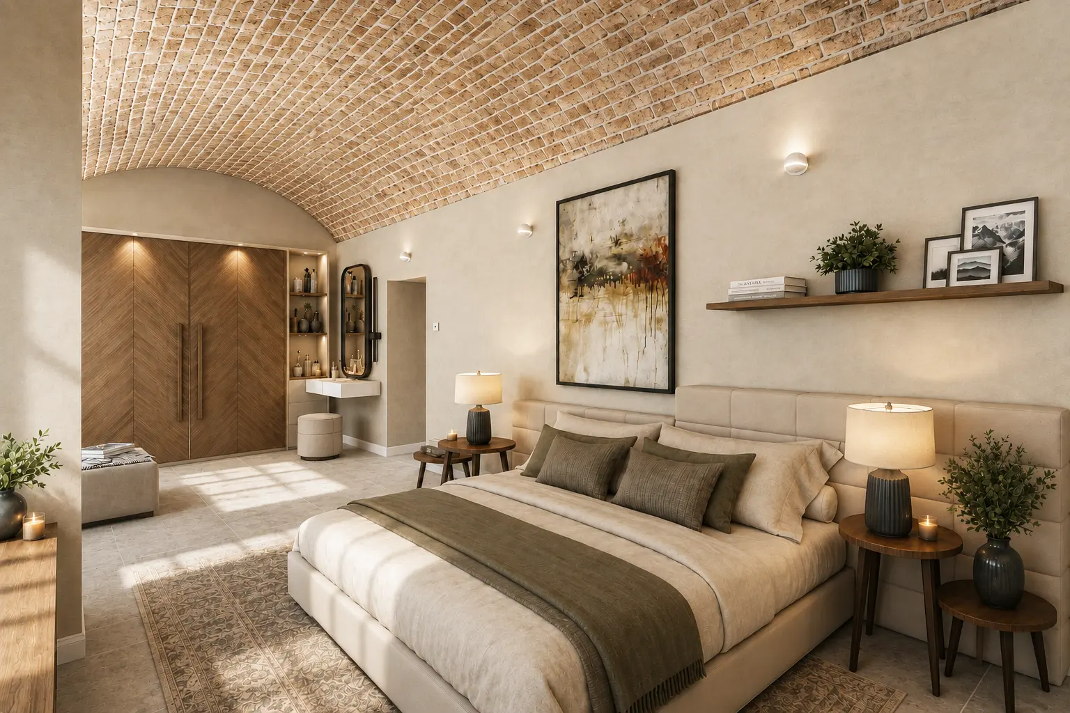 Principal suite II with a vaulted brick ceiling and bespoke storage