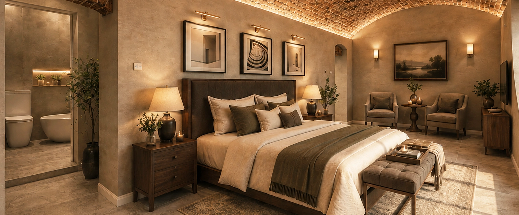 Principal bedroom suite with warm layered lighting