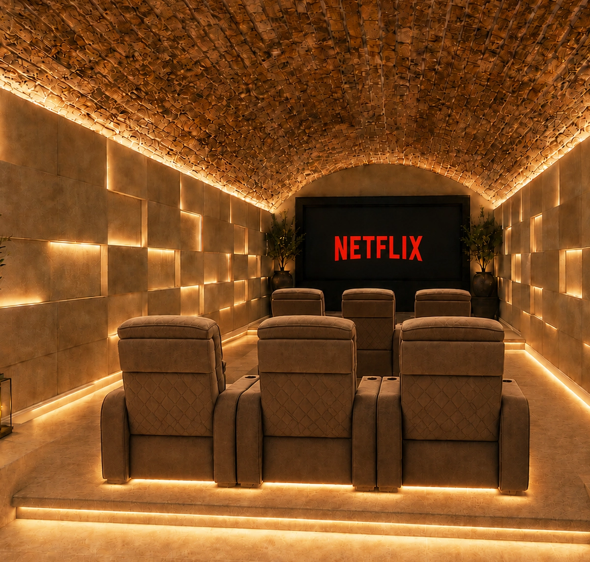 Private cinema with reclining seats and surround lighting