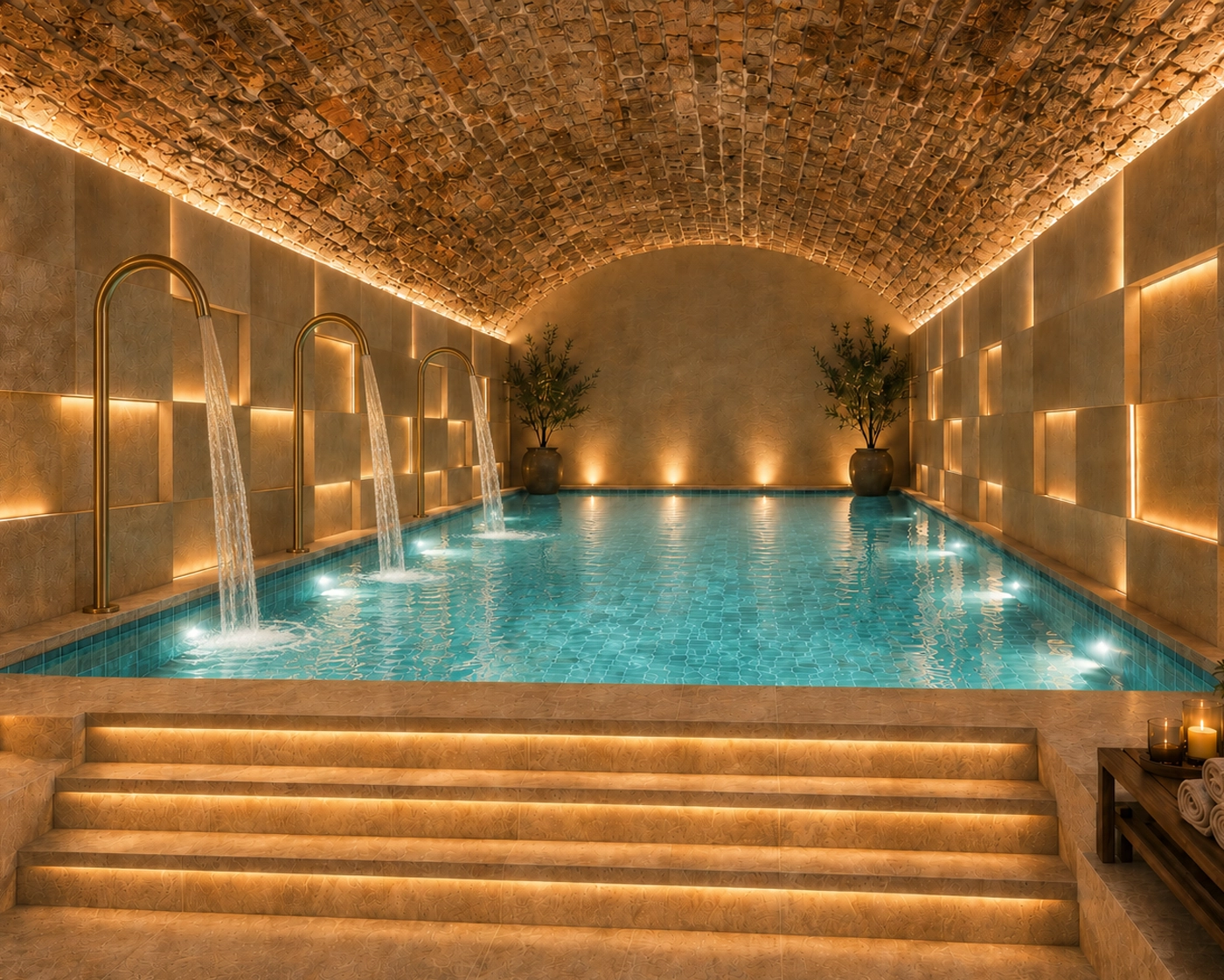 Private indoor resistance and splash pool with architectural lighting